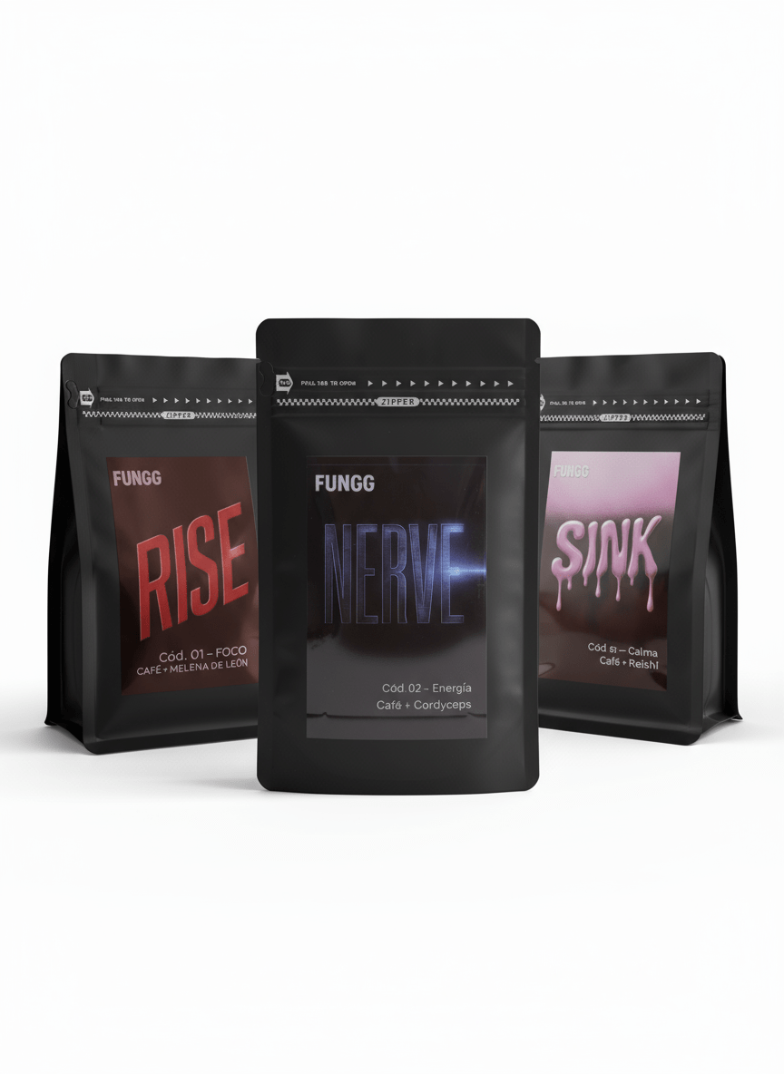 Tripack Fungg: 3 cafés premium con hongos adaptógenos (RISE, NERVE y SINK). Set completo de foco, energía y calma. - Fungg