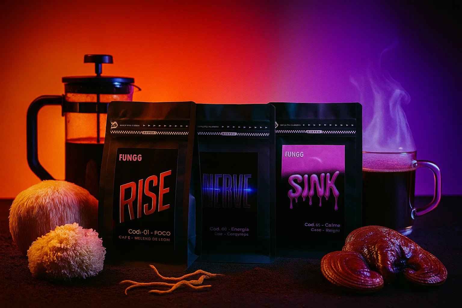 Tripack Fungg: 3 cafés premium con hongos adaptógenos (RISE, NERVE y SINK). Set completo de foco, energía y calma.